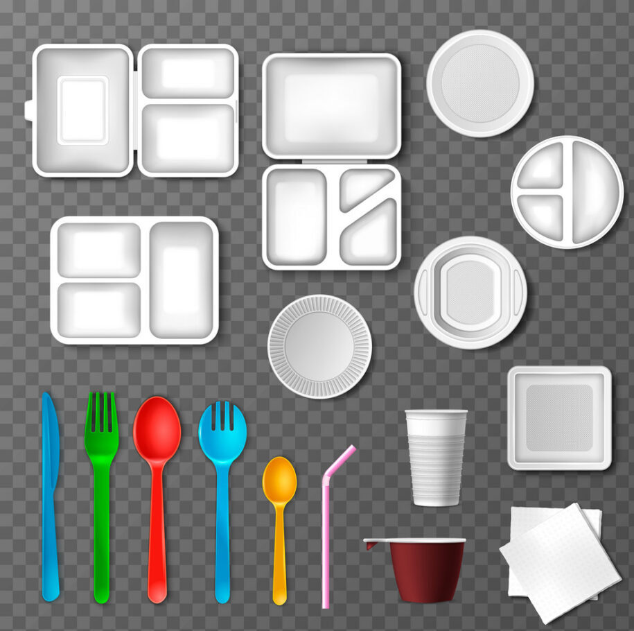 Plastic tableware vector picnic disposable cutlery spoon fork plate takeaway food containers and drinks in cup illustration set of empty kitchenware or dinnerware isolated on transparent background.